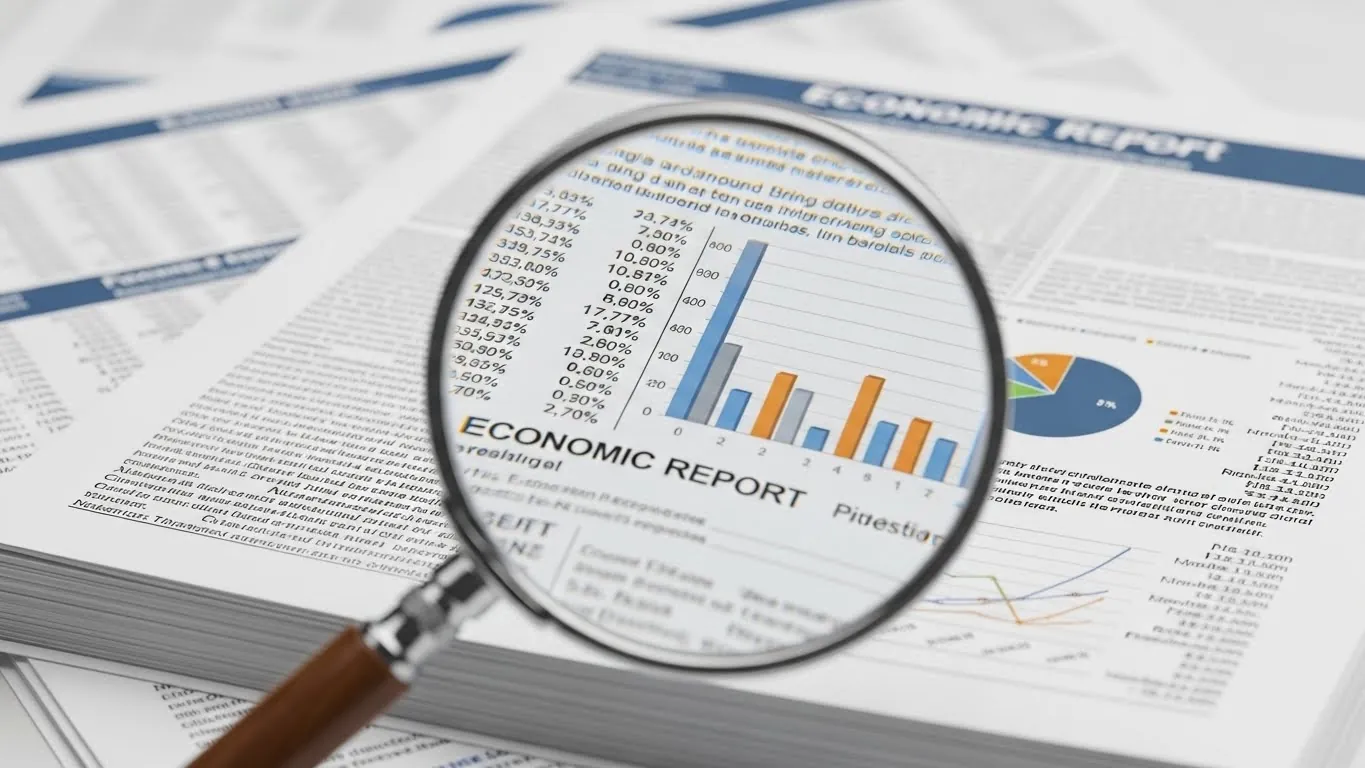 Uma lente de aumento dando destaque em gráficos financeiros em uma folha de papel