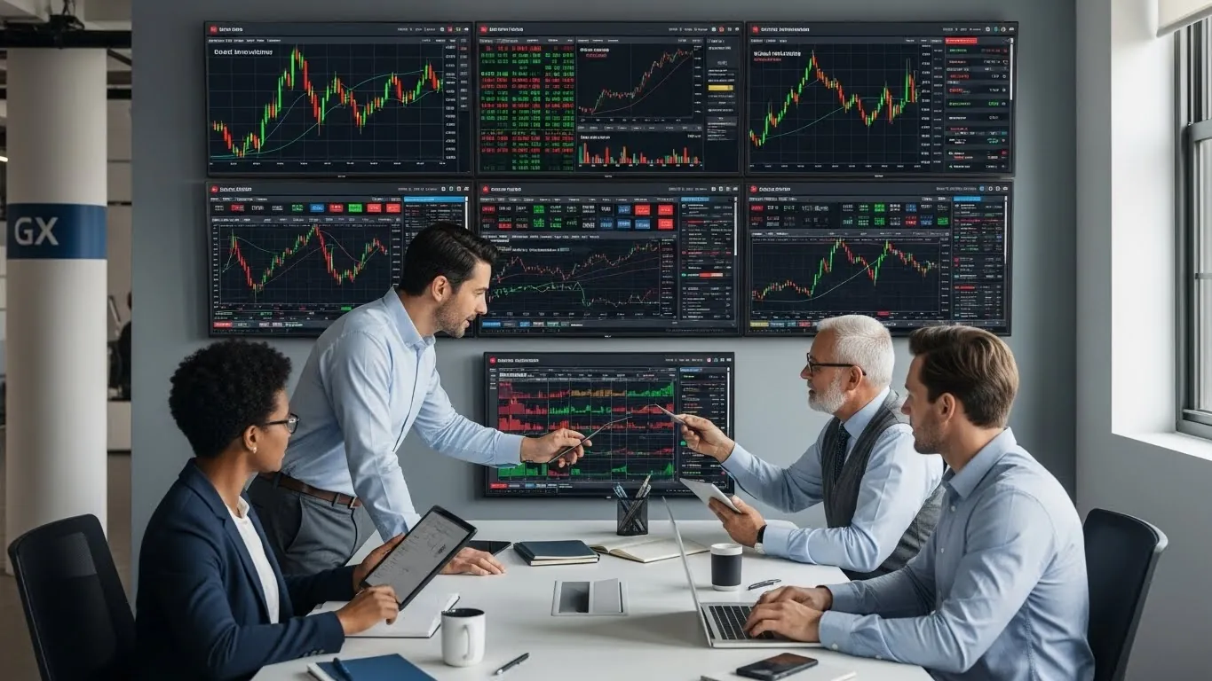 Três homens em trajes de negócios sentados em uma mesa com laptops e olhando para um monitor