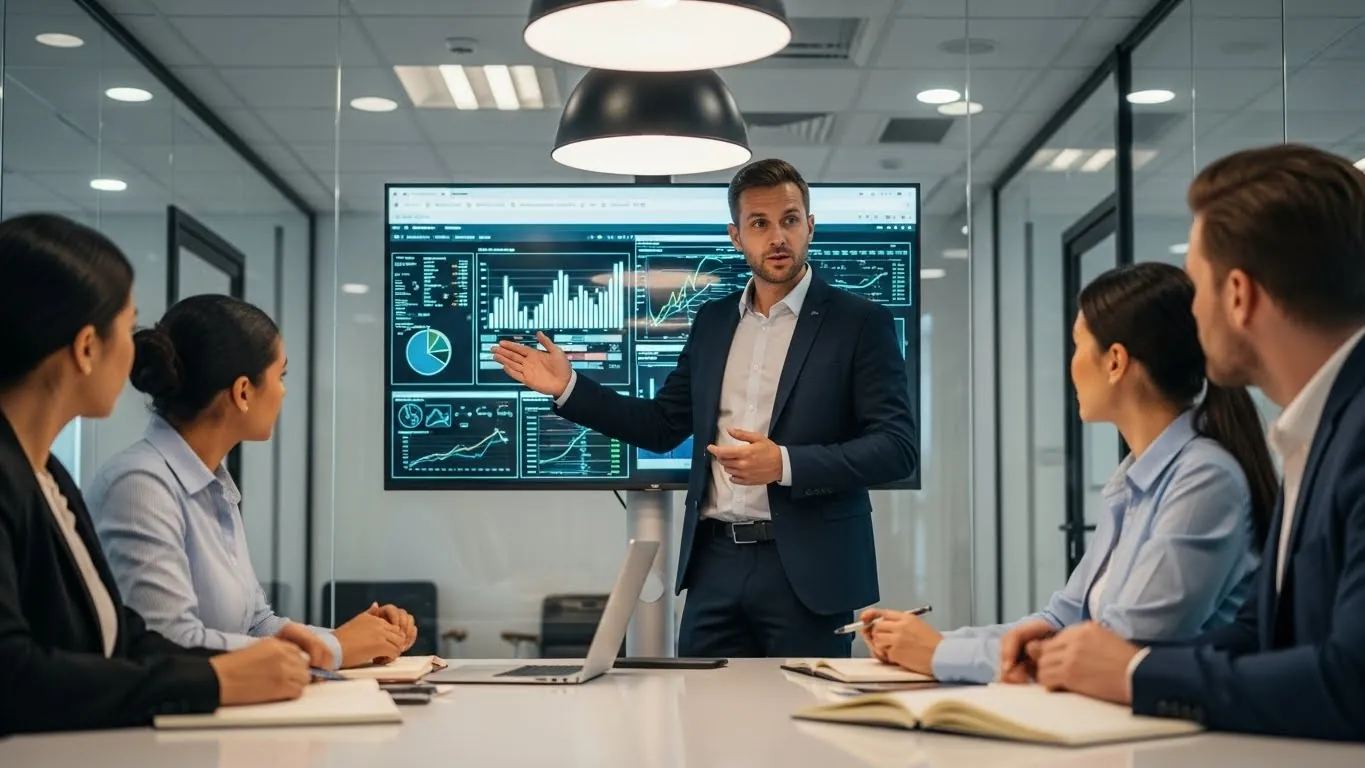 Um homem de terno está parado em uma mesa com três mulheres e um homem de terno está parado